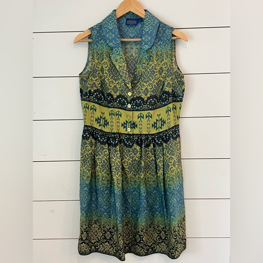 Pendleton 100% silk Sleeveless V-Neck Midi Dress /Boho Western Vibe size‎ 10
